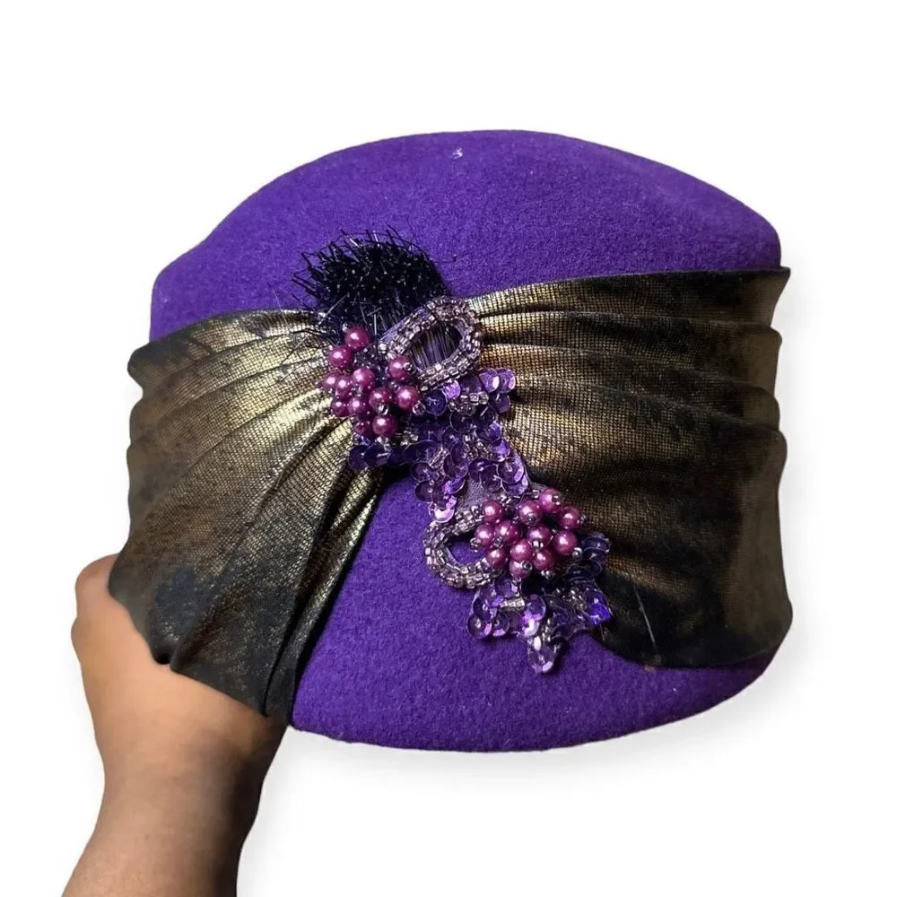 Vintage Purple Wool Pillbox Hat Rhinestones Satin Wrap 1960s Jackie O Aesthetic - Picture 2 of 10